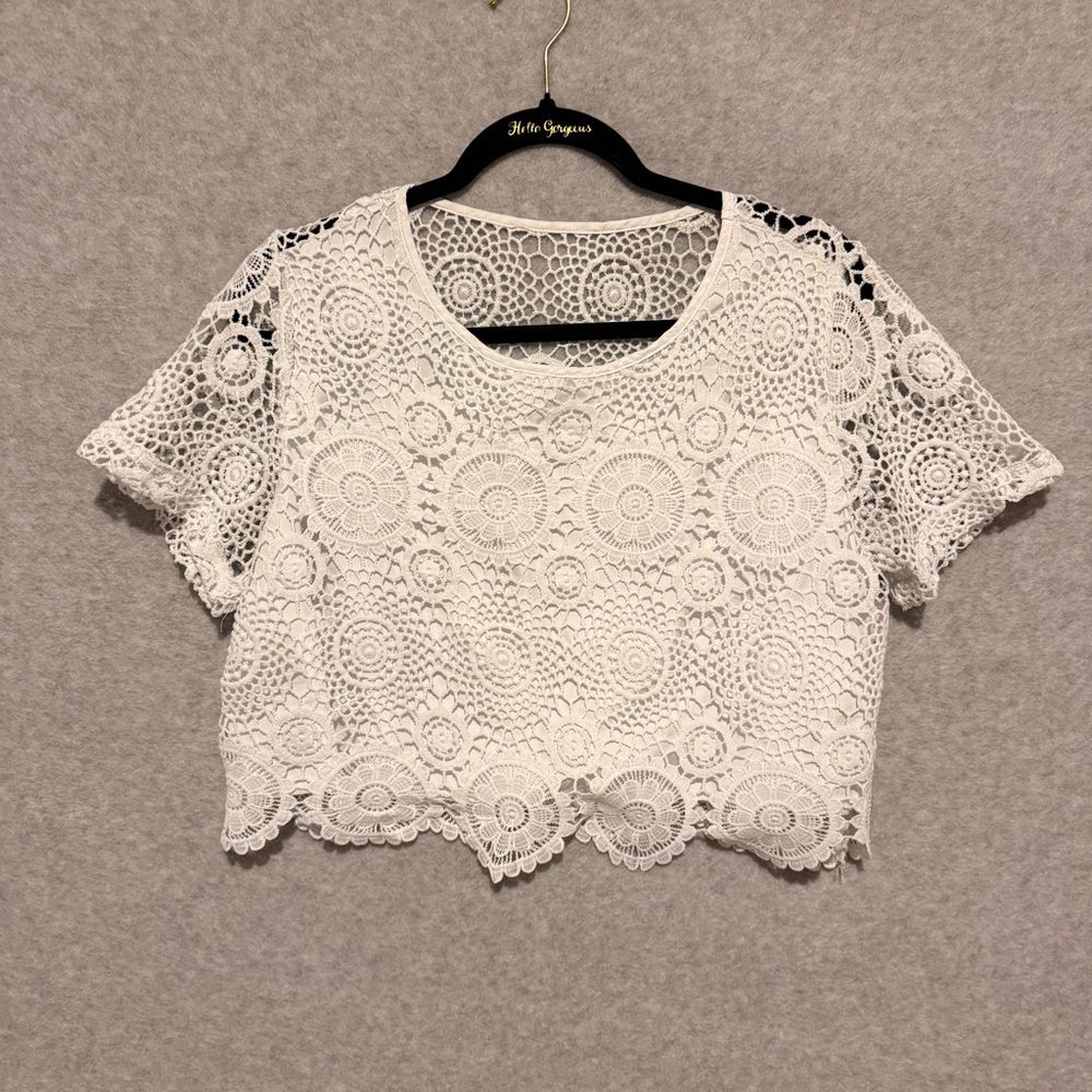 Y2k- Elegant White Crochet Lace crop Top- sheer back